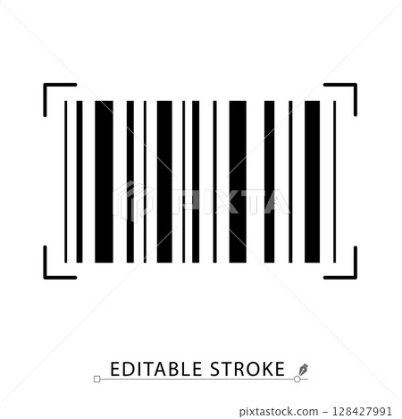 A barcode icon in minimalist style with editable stroke. Product scan, identification code, retail tag, digital labeling, inventory tracking, commerce element, outline vector illustration. 128427991