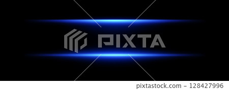 Light neon lines with flare effect. Laser beam glow. Horizontal stripe with bright flash. Vector isolated led radiance on black background. 128427996