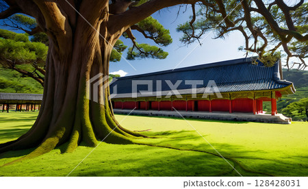 Ancient Tree and Tranquil Temple 128428031