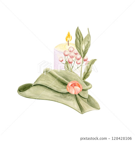 Green hat with pink flower, candle with flame, green leaves, and berries watercolor illustration. Elegant decorative composition for invitations, cards, packaging, branding, wedding or holiday design 128428106