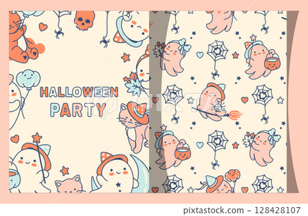 Playful pastel Halloween card with customizable copy space, perfect for baby-themed parties or fun birthday events. Elegant 8.5x14 letter format with decorative frame 128428107