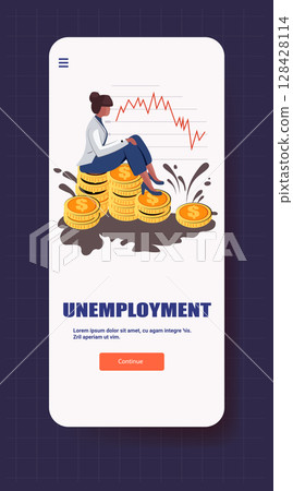 Unemployment crisis woman sitting on coins financial downturn graph depressed businesswoman economic recession dark background mobile app screen 128428114