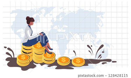 Economic crisis recession woman sitting on coins financial downturn concept sad businesswoman money stacks mud world map background infographic 128428115
