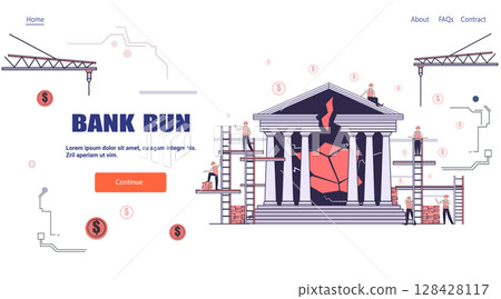 Bank building crisis repair financial downturn concept construction workers scaffolding cracked facade cranes dollar symbols modern web template 128428117
