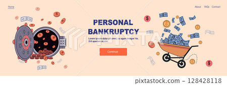 Personal bankruptcy crisis concept open safe coins money wheelbarrow cash falling financial loss landing page template 128428118