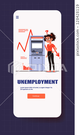 Unemployment crisis woman ATM financial downturn chart mobile app screen economic recession red arrow bar graph dark background 128428119