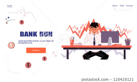 Bank run financial crisis stressed businessman falling stock market panic office scene computer red chart coins flat website template Bank run financial crisis stressed businessman falling stock market panic office scene computer red chart coins flat website template 128428121