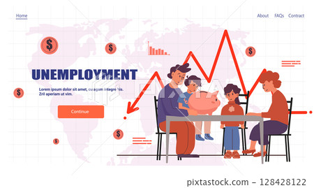Unemployment economic crisis family financial stress piggy bank sad parents children declining graph world map web banner Unemployment economic crisis family financial stress piggy bank sad parents children declining graph world map web banner 128428122