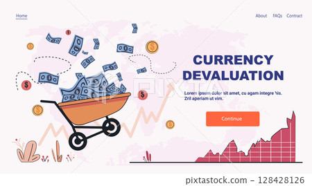 Currency devaluation economic crisis concept wheelbarrow overflowing with money bills falling coins declining graph abstract background website banner 128428126