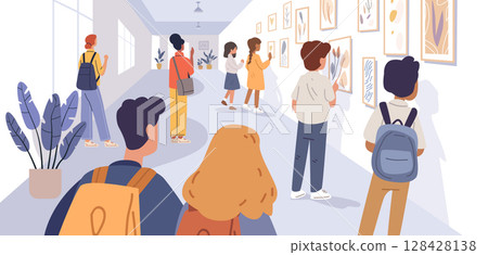 Students school hallway art exhibition group of children viewing framed artwork on walls modern interior backpacks casual clothing plants flat design 128428138