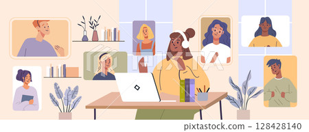 Online classroom remote learning students video conference diverse group at home desk computer plants books modern flat design Online classroom remote learning students video conference diverse group at home desk computer plants books modern flat design 128428140