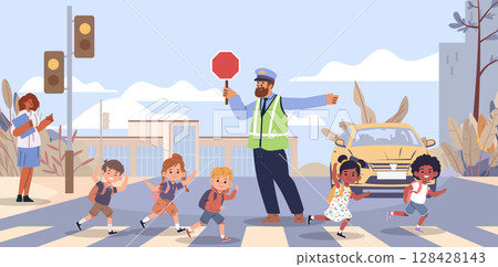 School children crossing guard safety crosswalk city street building teacher car traffic light urban background School children crossing guard safety crosswalk city street building teacher car traffic light urban background 128428143