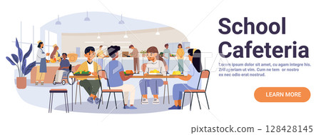School cafeteria students eating lunch diverse children sitting at tables food servers in background bright interior modern canteen website banner School cafeteria students eating lunch diverse children sitting at tables food servers in background bright interior modern canteen website banner 128428145