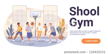 School gym basketball game students playing sports indoor court plants large windows modern flat website banner School gym basketball game students playing sports indoor court plants large windows modern flat website banner 128428152