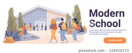 Modern school building students backpacks outdoor campus contemporary architecture landscape website banner Modern school building students backpacks outdoor campus contemporary architecture landscape website banner 128428153