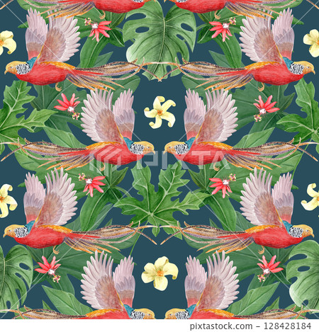 Golden pheasant red birds, yellow flowers, and lush green leaves seamless jungle pattern on dark background. Hand-painted watercolor. Ideal for home decor, packaging, book design, summer projects 128428184