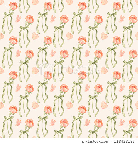Peony buds, green ribbon flowing tails, petals watercolor seamless pattern on cream background. Hand-painted ideal for gift shop, wedding stationery, charity packaging, romantic graphic design 128428185