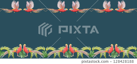 Tropical birds with long tails palm leaves watercolor seamless border on dark background. Hand-painted perfect for stationery, fabric prints, summer projects. Golden pheasant. Horizontal. Flying Tropical birds with long tails palm leaves watercolor seamless border on dark background. Hand-painted perfect for stationery, fabric prints, summer projects. Golden pheasant. Horizontal. Flying 128428188