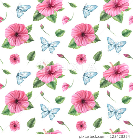 Blue butterflies fluttering among pink Chinese hibiscus flowers watercolor seamless pattern isolated background. Hand painted summer illustration for textiles, wallpapers, gift wrap, whimsical design Blue butterflies fluttering among pink Chinese hibiscus flowers watercolor seamless pattern isolated background. Hand painted summer illustration for textiles, wallpapers, gift wrap, whimsical design 128428254