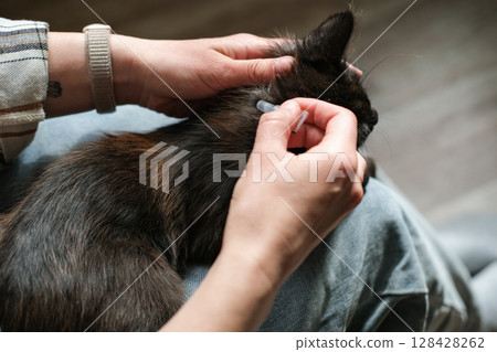 Woman applying spot-on flea and tick repellent to back of neck of dark-colored cat, demonstrating pet care Woman applying spot-on flea and tick repellent to back of neck of dark-colored cat, demonstrating pet care 128428262