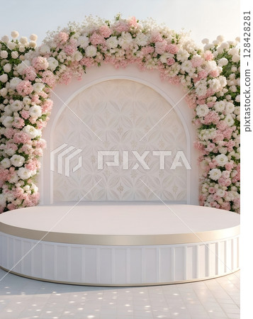 Podium Product Display Elegant Floral Archway with Round Platform Soft Pastel Hues. Studio Quality Lighting 128428281