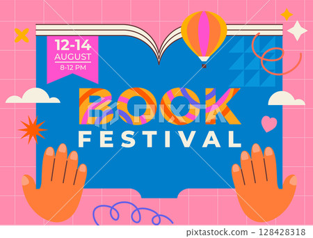 Book festival poster,banner.Book fair concept.Education,culture festival day,library or literature event.Fantasy,adventures fairytails for Imagination.Studying,learning, self education concept. Vector Book festival poster,banner.Book fair concept.Education,culture festival day,library or literature event.Fantasy,adventures fairytails for Imagination.Studying,learning, self education concept. Vector 128428318