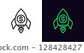 Outline money rocket icon, with editable stroke. Rocket flight with dollar coin icon, financial startup launch. Boost investments, money earn, fast business growth, finance market rise. Vector icon 128428427