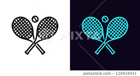 Outline tennis racket icon, with editable stroke. Rackets crosshair with ball, tennis game icon. Two rackets cross sign, tennis tournament and championship, sport court for training. Vector icon 128428431
