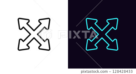 Outline scale arrow icon, with editable stroke. Scale size icon with arrow cross, expand interface. Full screen, increase display size, enlarge scale, zoom control, resize tool, maximize. Vector icon 128428433