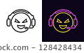 Outline gamer emoji icon, with editable stroke. Esports gamer with headset, cybersport commentator. Player emoticon in headphones, video game geek, esports sportscaster, gaming match. Vector icon 128428434