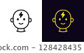 Outline mind energy icon, with editable stroke. Human head with smile and lightning icon, positive mind. Mental health, brainstorm, intelligence charge, mind power, creative idea energy. Vector icon 128428435