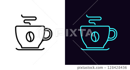Outline coffee mug icon, with editable stroke. Coffee cup with grain icon and aroma, good morning. Natural grain coffee, espresso cup, americano mug, organic product, hot drink. Vector icon 128428436