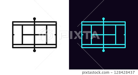 Outline tennis court icon, with editable stroke. Tennis field scheme with line marking. Tennis stadium and sport arena, gaming court and training playground, top view of play field layout. Vector icon 128428437