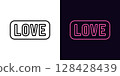 Outline Love text icon, with editable stroke. Love tag with frame, romantic text and quote. Love feeling, passion button, sentiment word, romantic inscription and typography. Vector icon 128428439