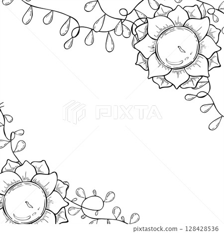Square monochrome frame with lotus shaped Diya and decorative light garland. Celebrate sacred symbolism monochrome vector illustration painted by black inks. For Diwali cards, festival invitations. 128428536