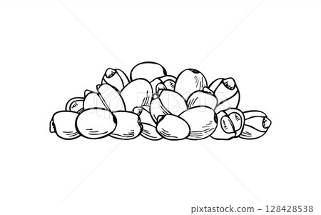 Monochrome lotus seed pile vector illustration. Etching drawing of protein rich superfood. Bean harvest stack graphic sketch for healthy food packaging, vegan product labels, nutrition blogs 128428538