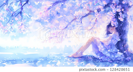 A girl sitting and lost in thought watercolor illustration 128428651