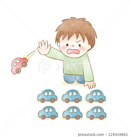 患有發展障礙的男孩沉迷於整理他的玩具車 | 水彩插畫素材 128428661