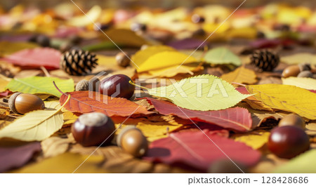 Ground covered in colorful autumn leaves, acorns, chestnuts, and pinecones. Autumn background. 128428686