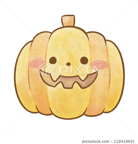 Watercolor style character illustration of Halloween pumpkin | Jack-o'-lantern drawn with brown lines 128428691