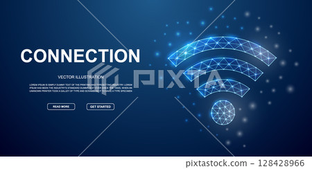 Wi-Fi low poly symbol for blue landing page. Internet zone design illustration concept. Connection wireframe illustration Wi-Fi low poly symbol for blue landing page. Internet zone design illustration concept. Connection wireframe illustration 128428966