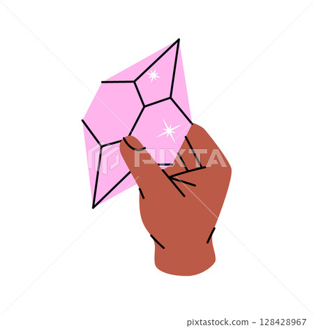 Hand holding a crystal. Spirituality crystal. Gemstone, amethyst, ruby, sapphire, emerald, topaz and quartz. Vector illustration. Hand holding a crystal. Spirituality crystal. Gemstone, amethyst, ruby, sapphire, emerald, topaz and quartz. Vector illustration. 128428967