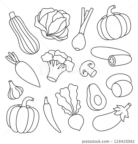 Outline vegetables symbols. Fresh organic vegetables. Natural vegetarian foods. Vector illustration. Outline vegetables symbols. Fresh organic vegetables. Natural vegetarian foods. Vector illustration. 128428982