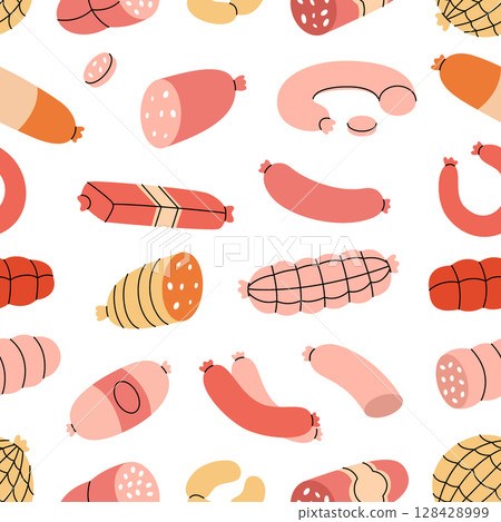 Sausages pattern. Fresh raw sausages. Butchery menu design template for food market, ecommerce, products promotion. Vector illustration. 128428999
