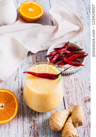 Orange ginger smoothie with pepper for weight loss in a glass on the table vertical view 128429007