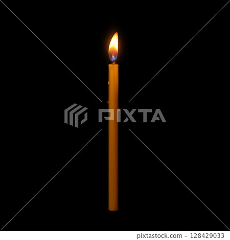 Church candle with burning flame and wax drips, black isolated background. Church candle with burning flame and wax drips, black isolated background. 128429033