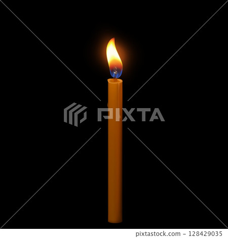 Burning candle with flowing wax 3D vector illustration, realistic thin long glowing lit paraffin candle with fire flame 128429035