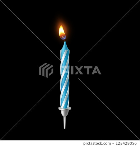 Festive colored candle with burning flame on wick, blue stripes and stand. 128429056
