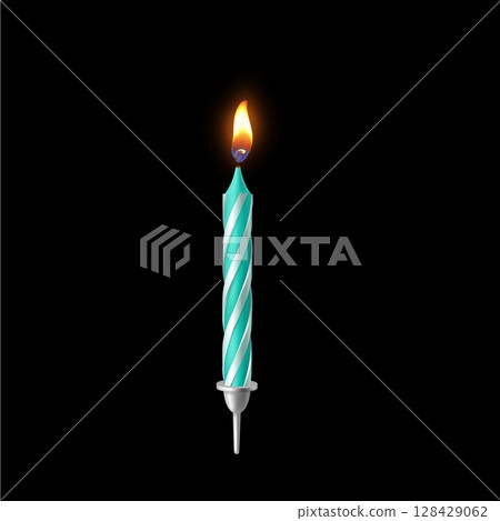 Realistic wax candle with green stripes, lit wick with flame, stand. 128429062