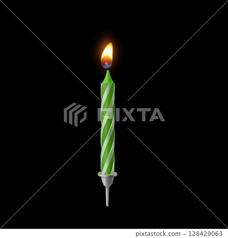 3D realistic candle striped green color for birthday cake, vector holiday candlelight decoration with burning flame 3D realistic candle striped green color for birthday cake, vector holiday candlelight decoration with burning flame 128429063